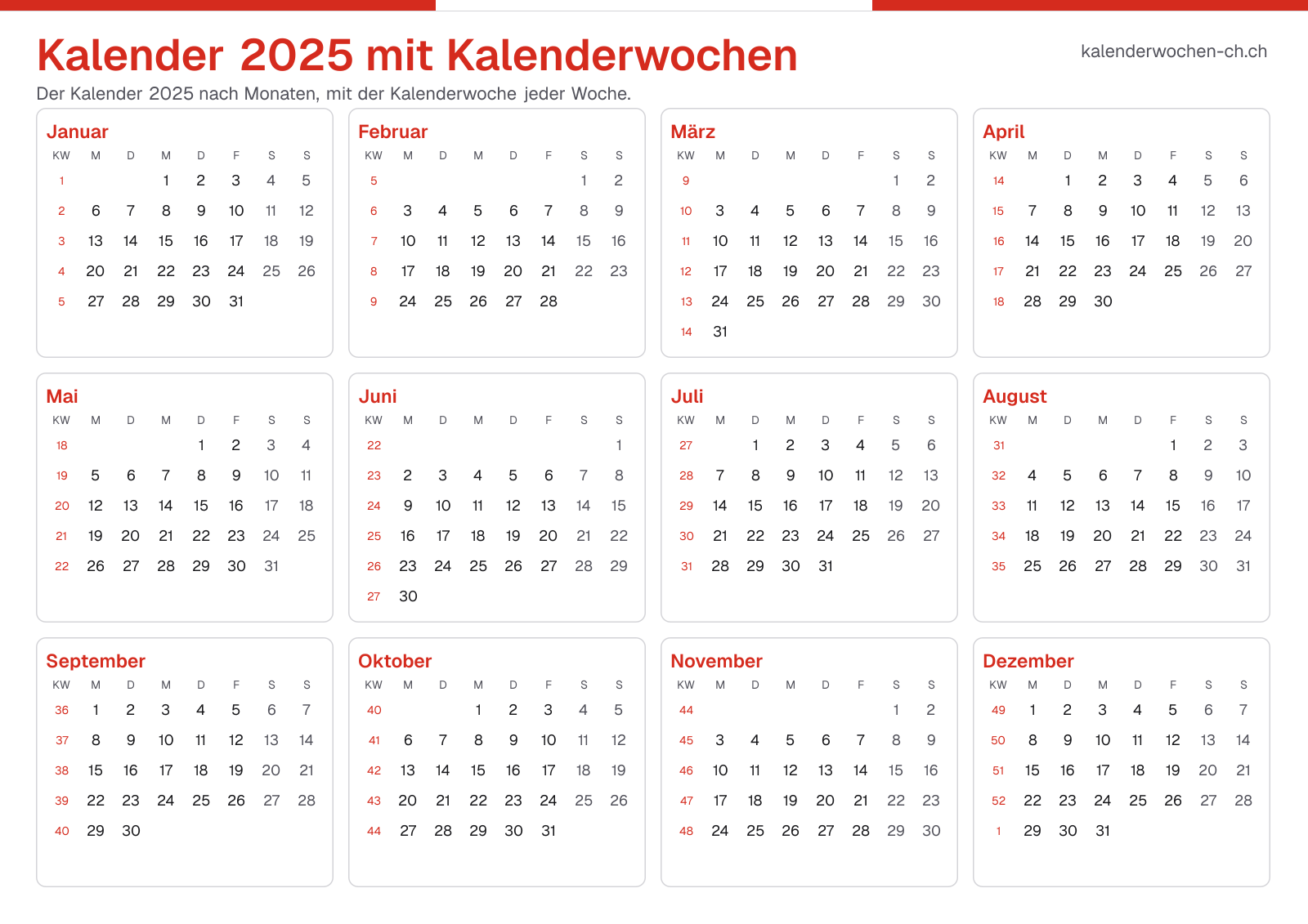 Kalender 2025 mit Kalenderwochen