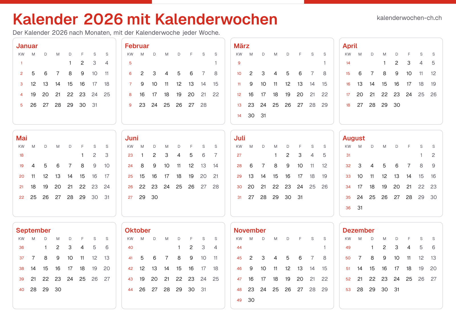 Kalender 2026 mit Kalenderwochen