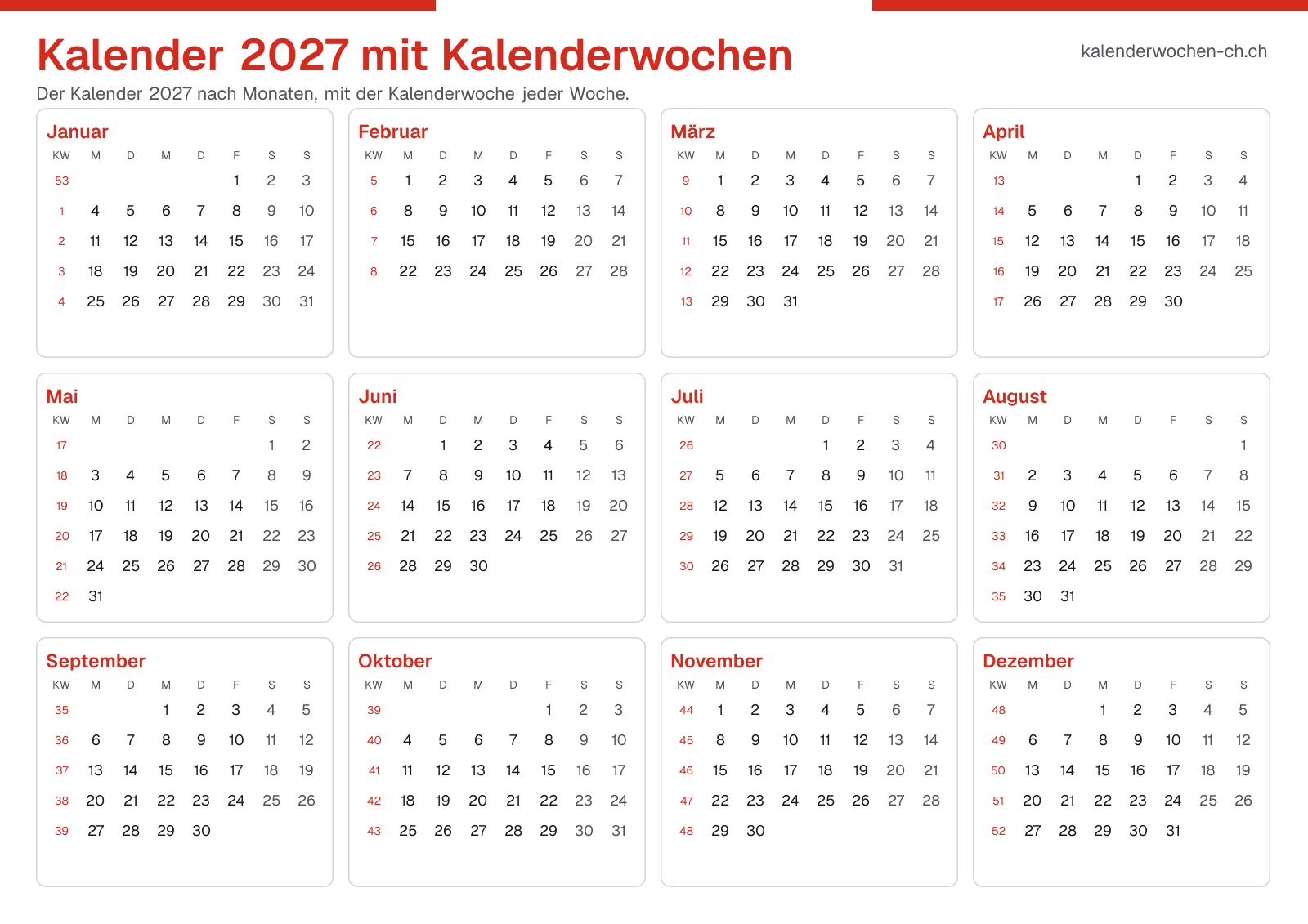 Kalender 2027 mit Kalenderwochen