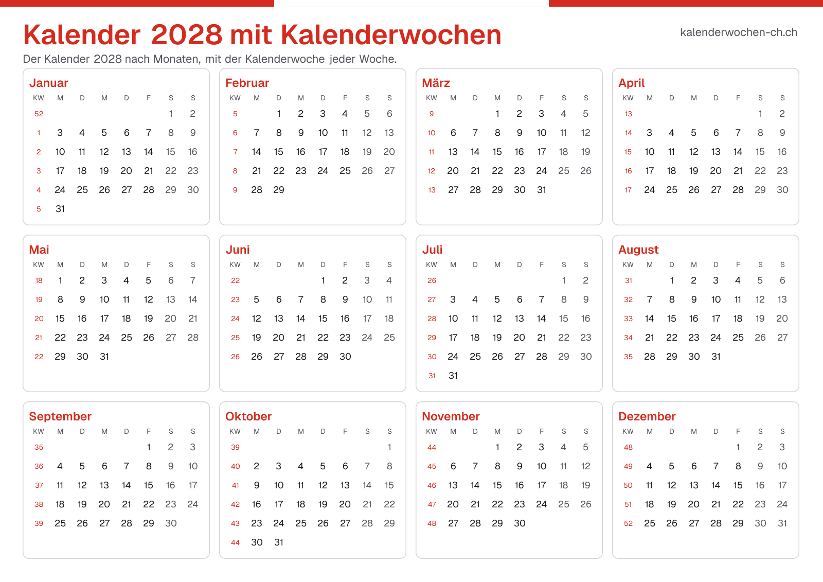 Kalender 2028 mit Kalenderwochen