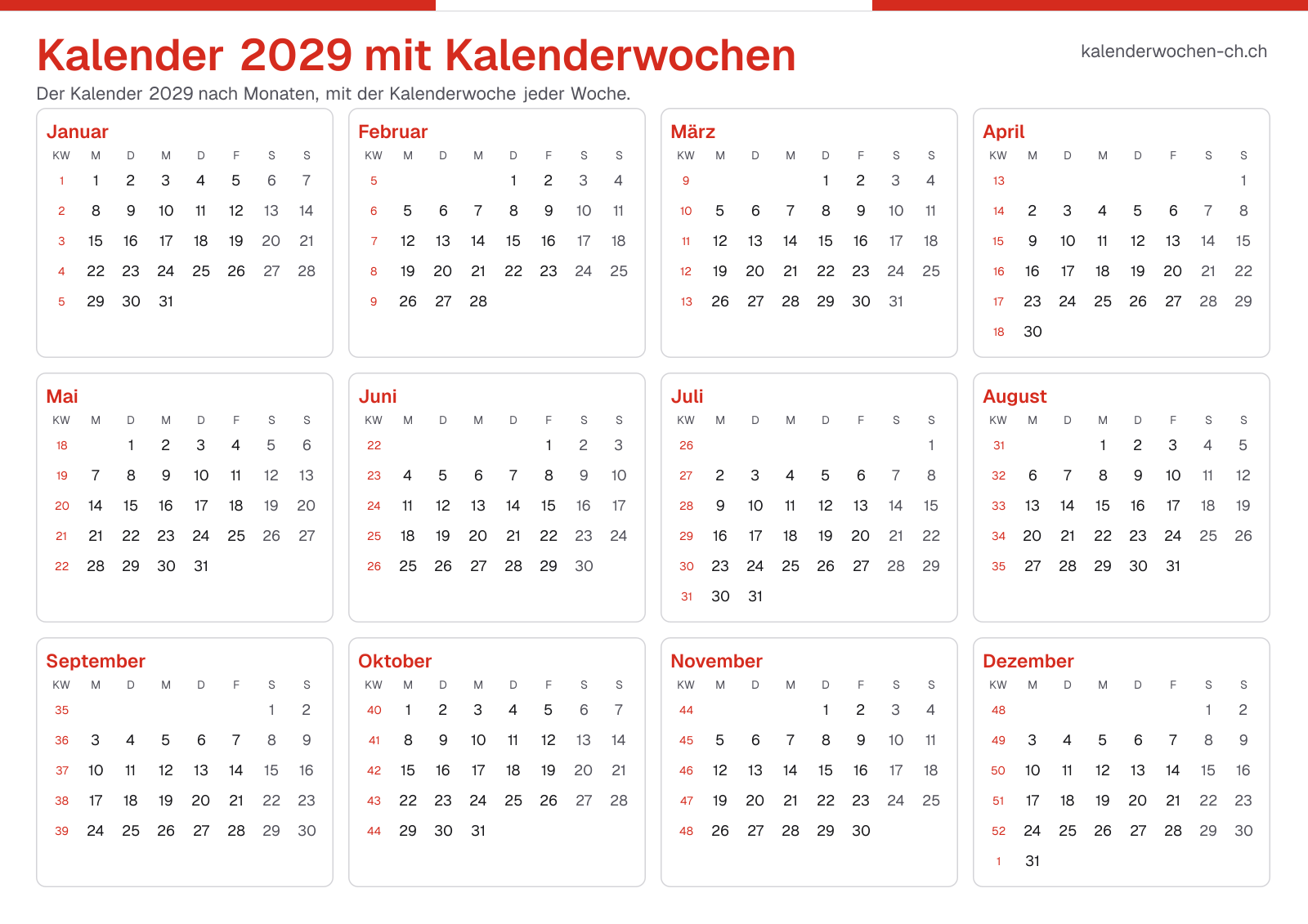 Kalender 2029 mit Kalenderwochen