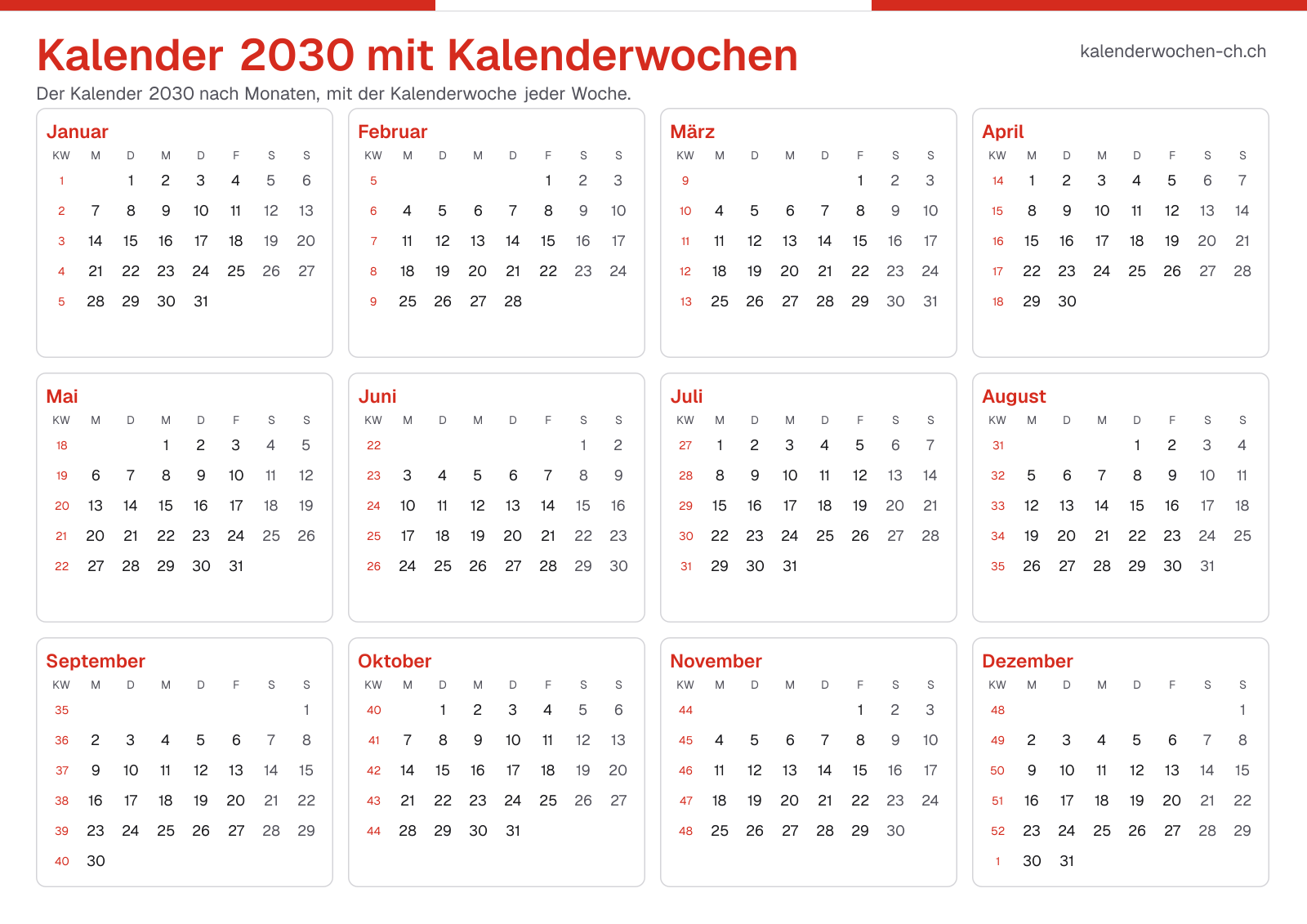 Kalender 2030 mit Kalenderwochen
