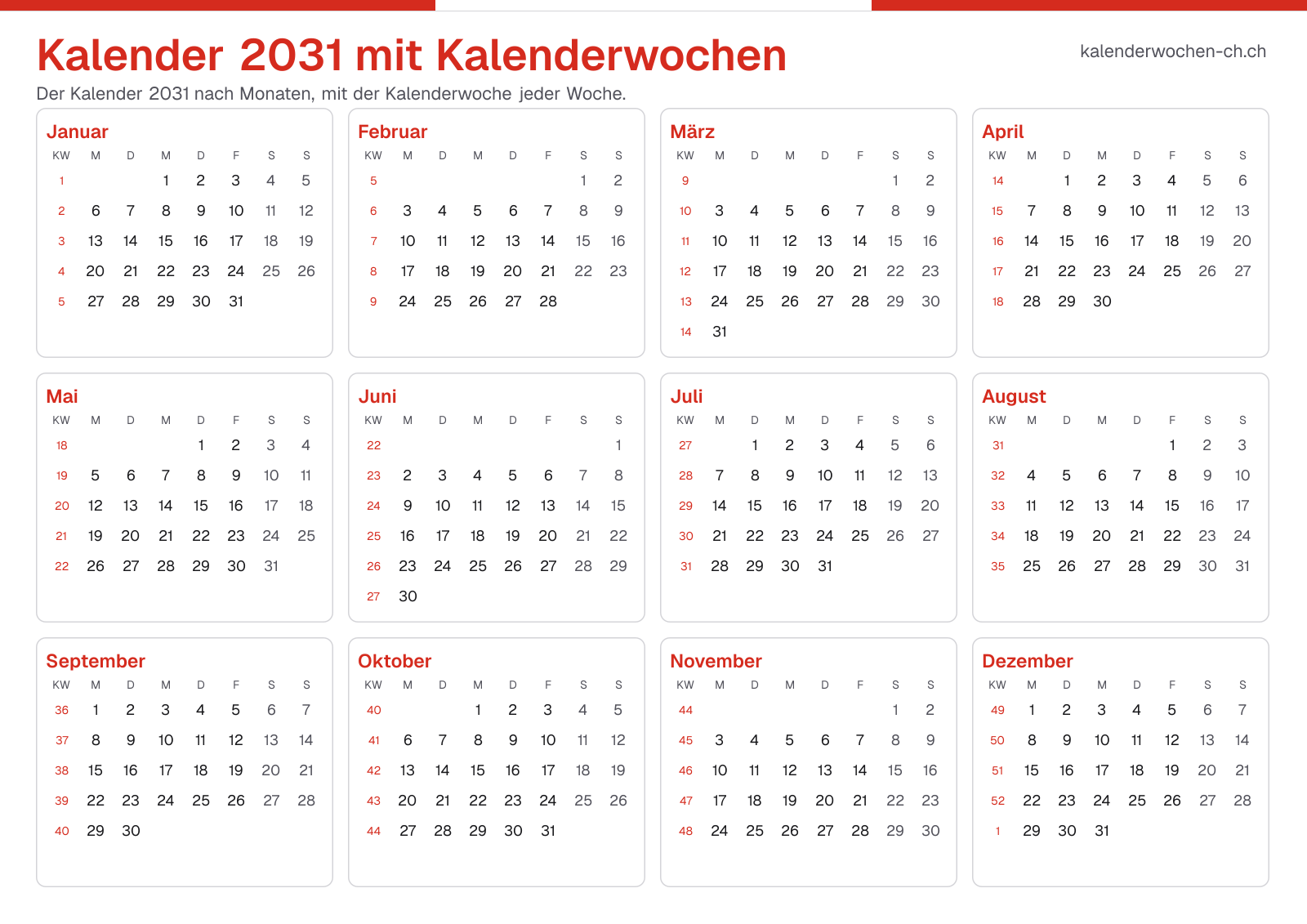 Kalender 2031 mit Kalenderwochen